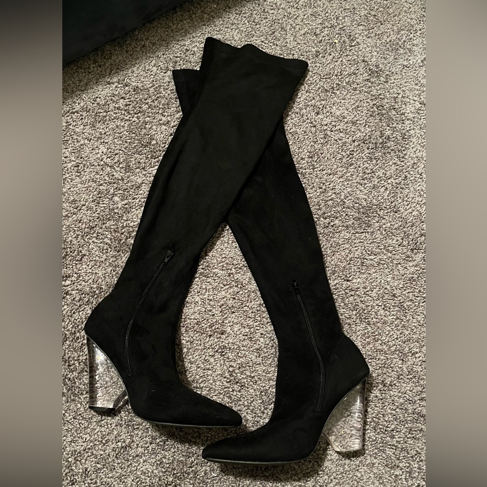 Long Black Womens Thigh High Clear Heeled boots size 7.5